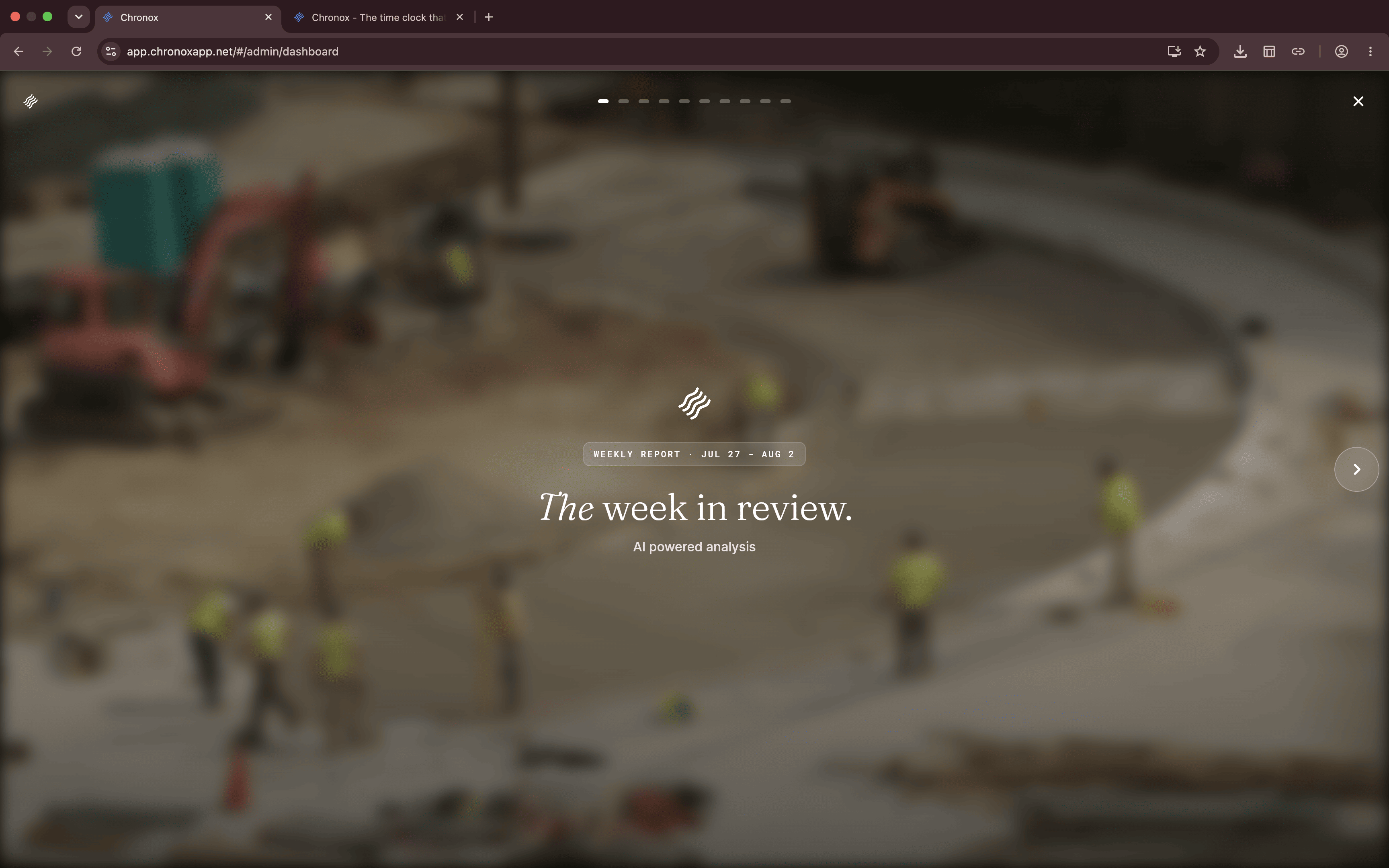 The Chronox weekly report - an AI-written review of the company's week, opened from the admin dashboard